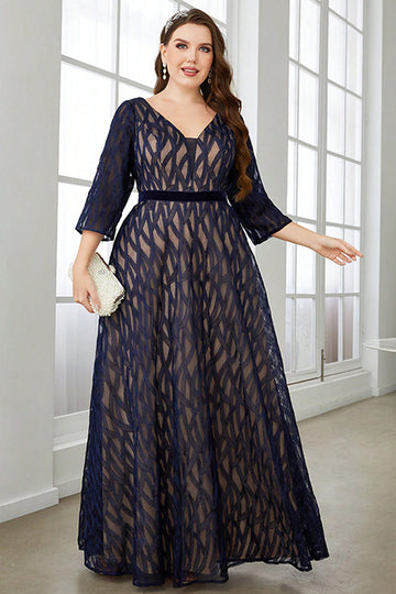 Navy A Line Long Mother of the Bride Dress with 3/4 Sleeves